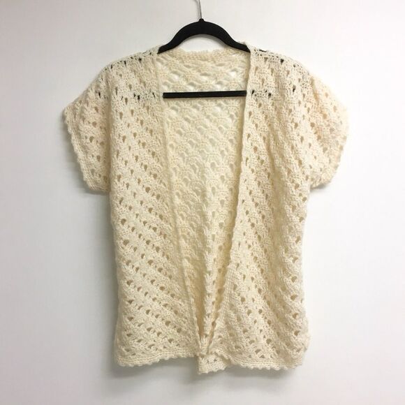 HAND KNIT Boho Crochet Short Sleeve Open Cardigan Sweater Cream M - Picture 2 of 6